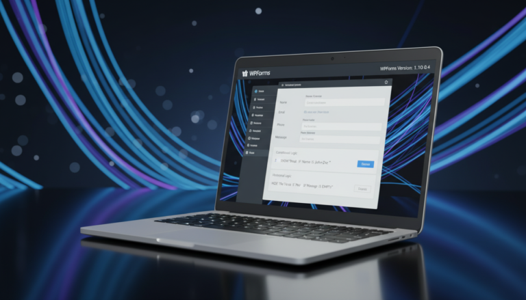 WPForms 1.10.0.4 interface em laptop, com campos de formulário e lógica condicional