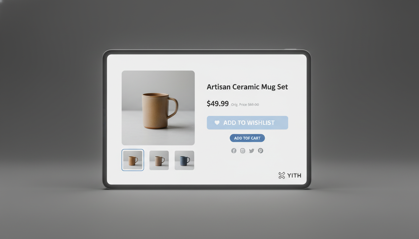 Interface do YITH WooCommerce Wishlist 4.14.0 com botão 'Adicionar à Lista de Desejos' e produtos em destaque.