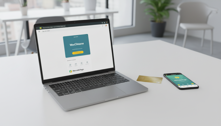 Tela de checkout do WooCommerce com Mercado Pago Payments 8.7.17, mostrando opções de pagamento e um ambiente de trabalho moderno.