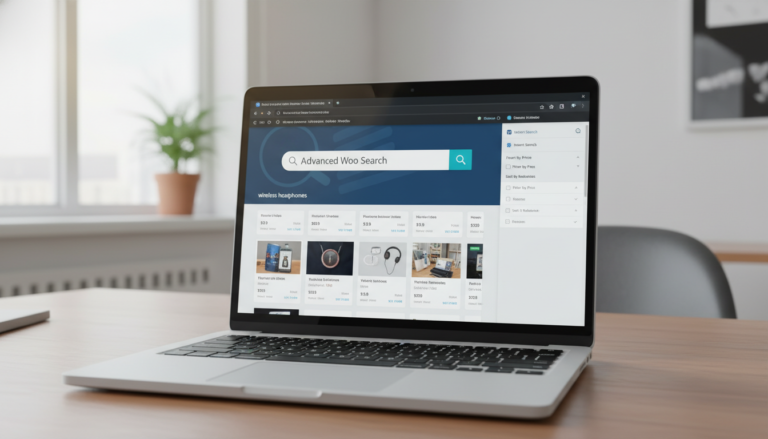 Laptop com Advanced Woo Search 3.59 no WooCommerce, resultados de busca de produtos otimizados