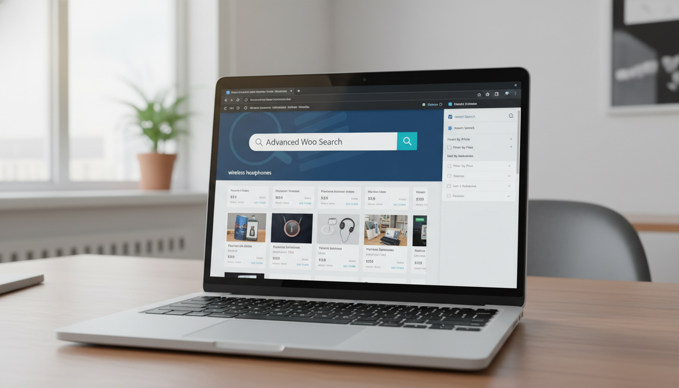 Laptop com Advanced Woo Search 3.59 no WooCommerce, resultados de busca de produtos otimizados