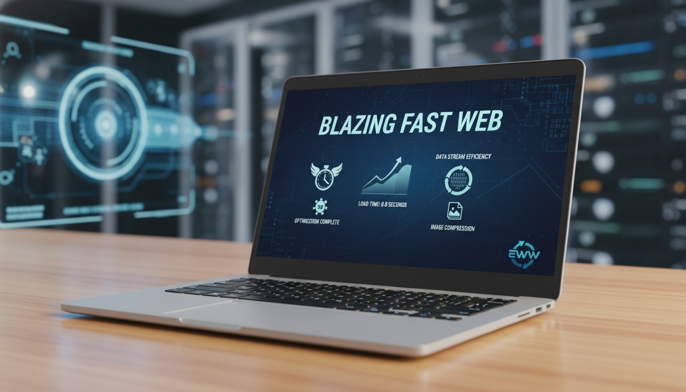 Laptop com site rápido e ícones de otimização, representando o EWWW Image Optimizer 8.5.0 em ação.