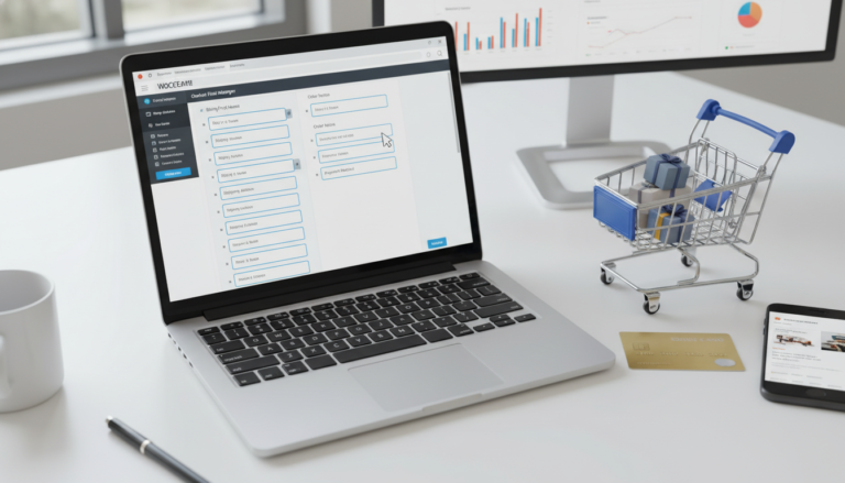 Interface do Checkout Field Manager 7.9.2 em um laptop, mostrando personalização de checkout no WooCommerce