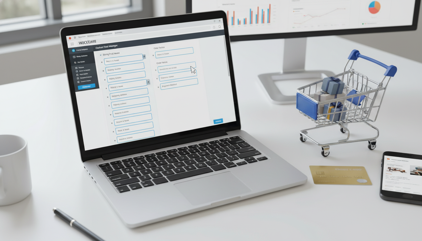 Interface do Checkout Field Manager 7.9.2 em um laptop, mostrando personalização de checkout no WooCommerce