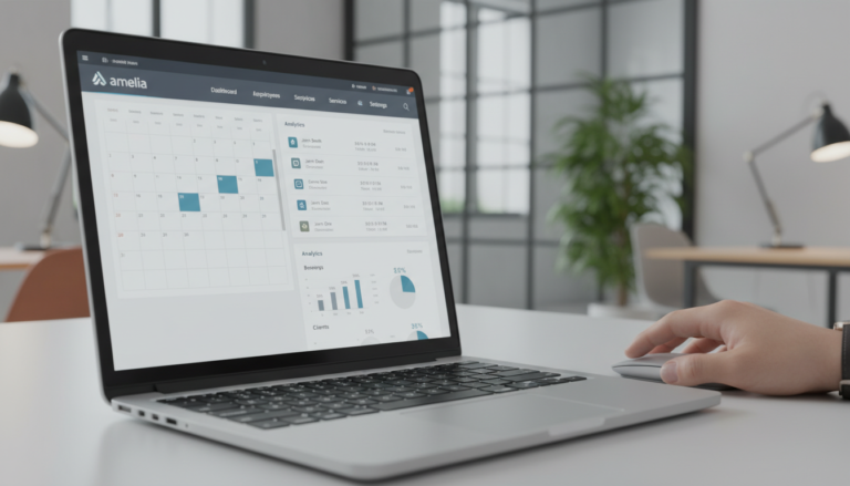 Interface do Amelia 2.2.1, dashboard de agendamentos, calendário de eventos, gestão de bookings WordPress