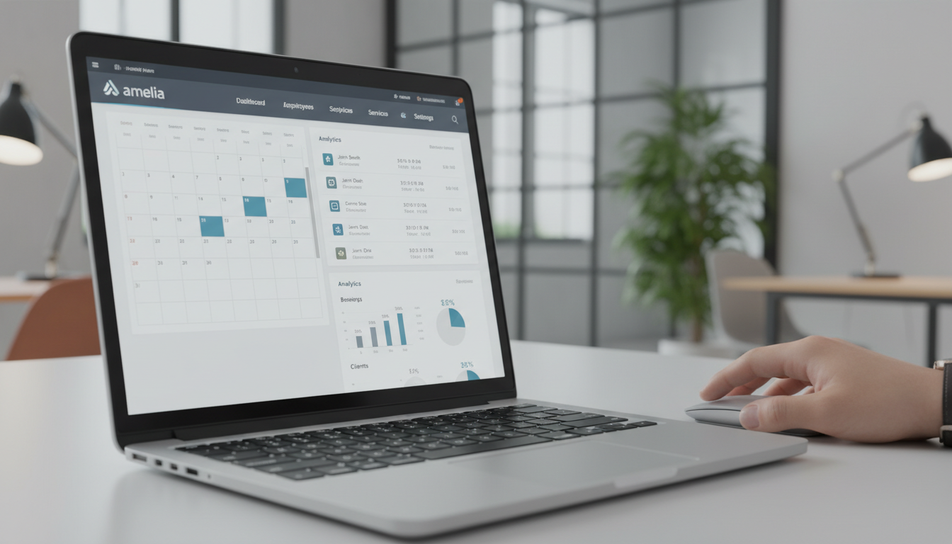 Interface do Amelia 2.2.1, dashboard de agendamentos, calendário de eventos, gestão de bookings WordPress