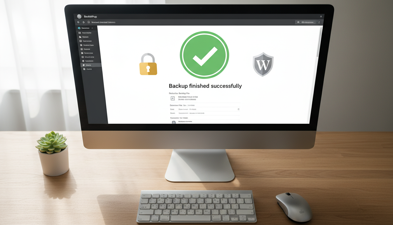 Painel do BackWPup 5.6.9 com status de backup bem-sucedido e ícones de segurança