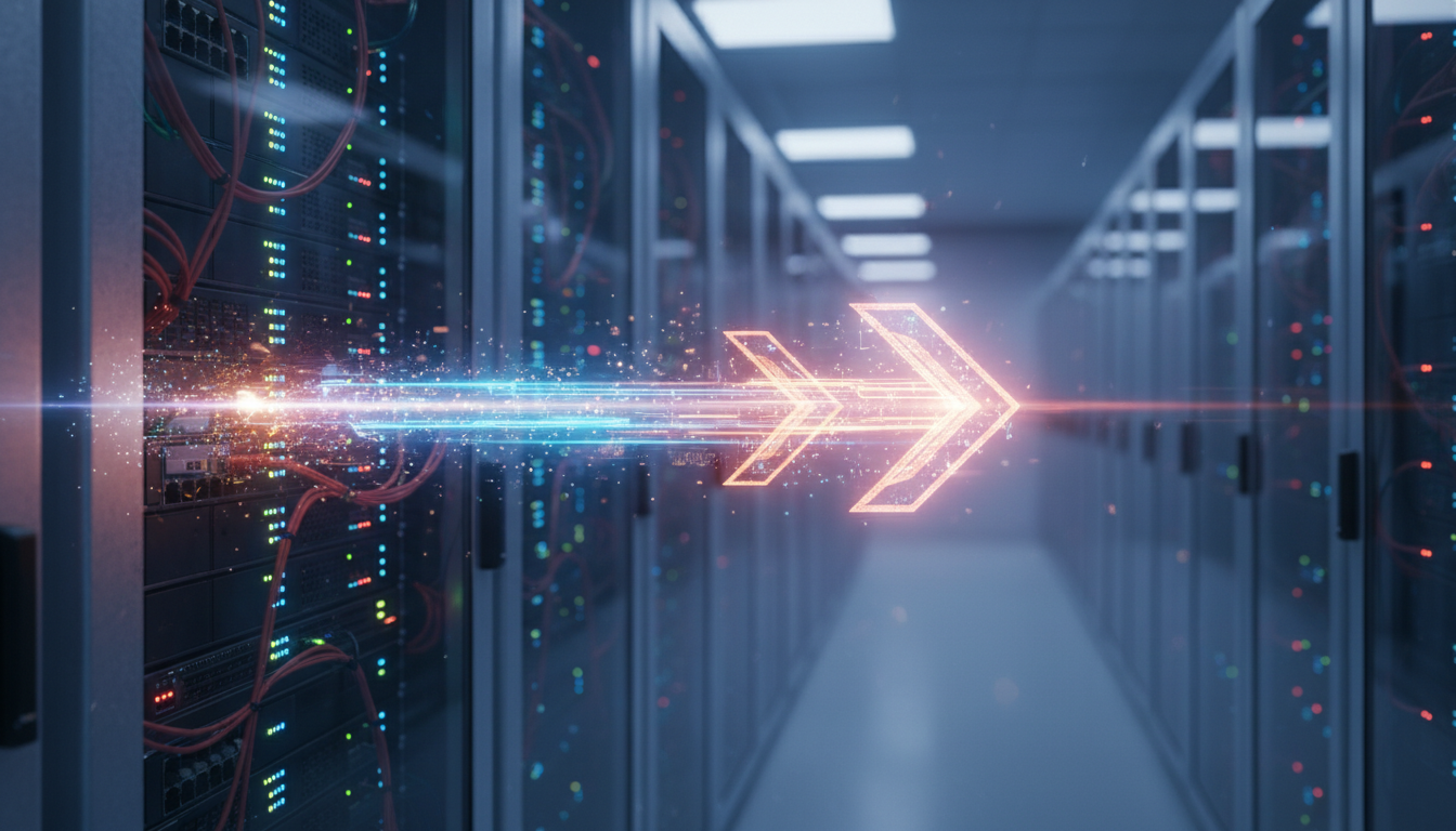 Seta de alta velocidade azul e laranja em um data center, representando a otimização de performance do Speed Optimizer 7.7.8.
