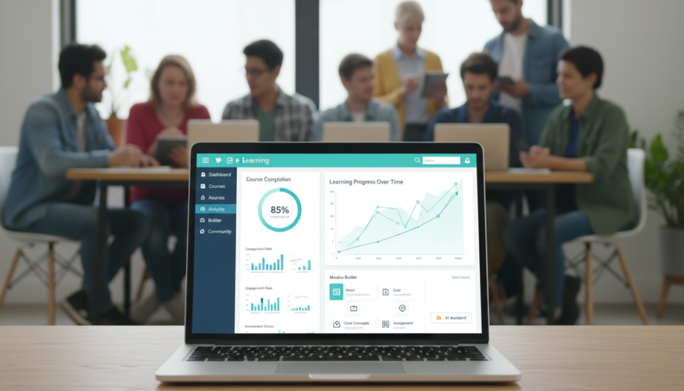 Dashboard do Tutor LMS 3.9.9 com novas funcionalidades de análise e construtor de cursos, simbolizando inovação em eLearning.