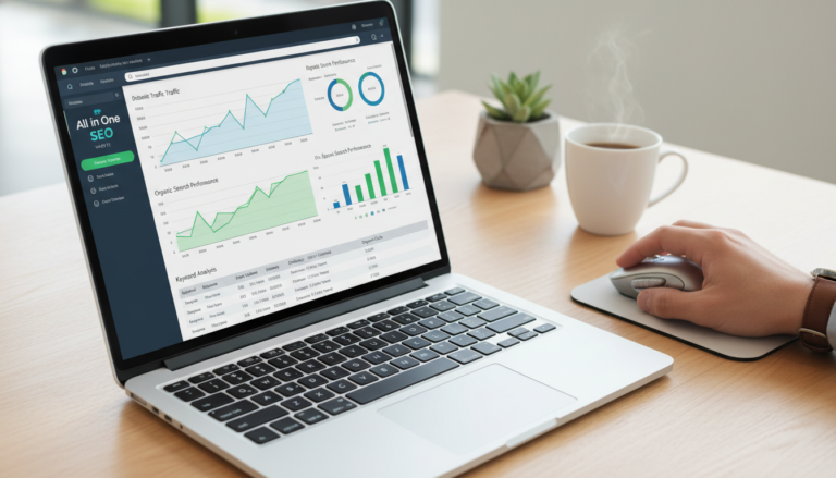Dashboard do plugin All in One SEO 4.9.7.1 com métricas de SEO e otimização de site.