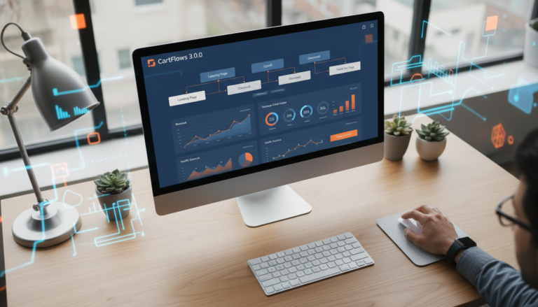 Dashboard CartFlows 3.0.0, funil de vendas WooCommerce, otimização checkout, interface de usuário
