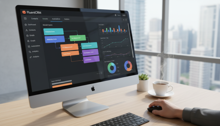 Interface do FluentCRM 3.0.2 com automação de e-mail, análise de dados e painel de controle