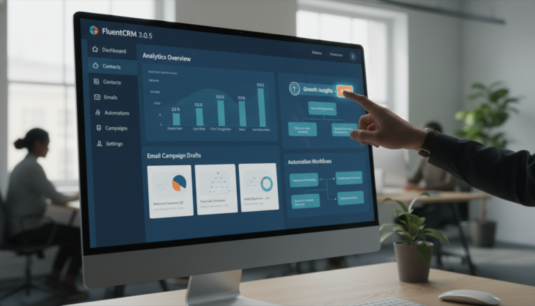 Interface do FluentCRM 3.0.5 com automações e dados de CRM