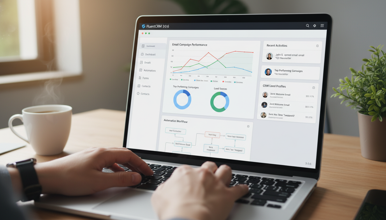 Dashboard do FluentCRM 3.0.6 com gráficos de campanhas e fluxos de automação
