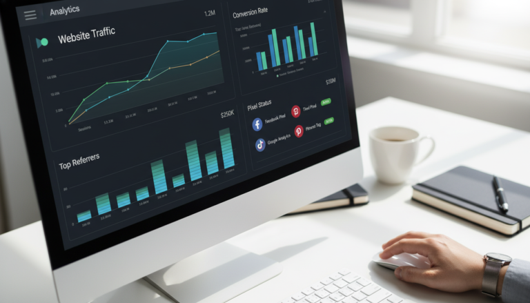 Interface do PixelYourSite 11.2.0.5 com gráficos de dados e ícones de pixels de rastreamento