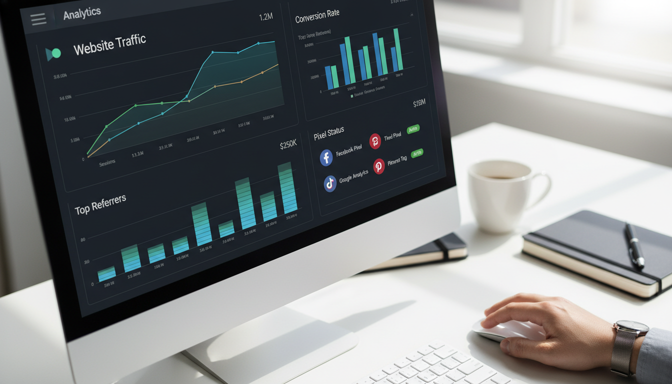 Interface do PixelYourSite 11.2.0.5 com gráficos de dados e ícones de pixels de rastreamento