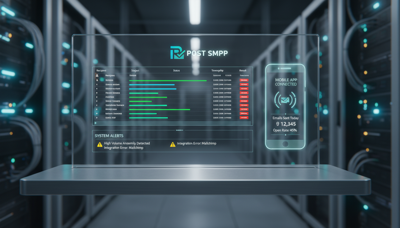 Post SMTP 3.9.2 dashboard com logs de e-mail, alertas e app móvel