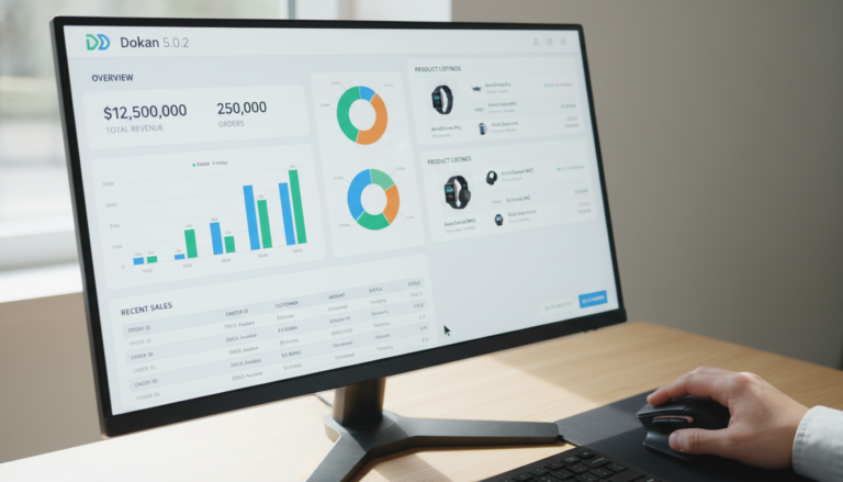 Dashboard do Dokan 5.0.2 com gráficos e dados de vendas em um computador