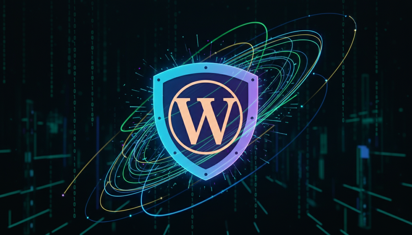 Ícone de escudo digital protegendo o logo do WordPress, representando a segurança do site com Really Simple Security 9.5.10.1