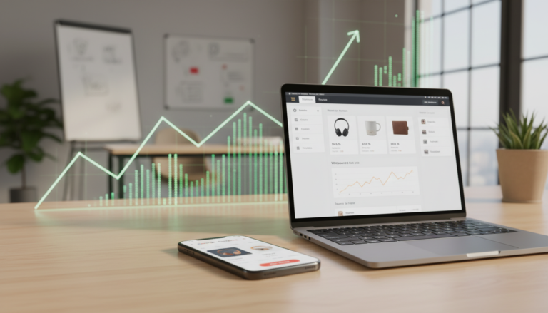 Smartphone com Google Shopping e laptop com WooCommerce, simbolizando a otimização do Google for WooCommerce 3.6.2 para vendas online.