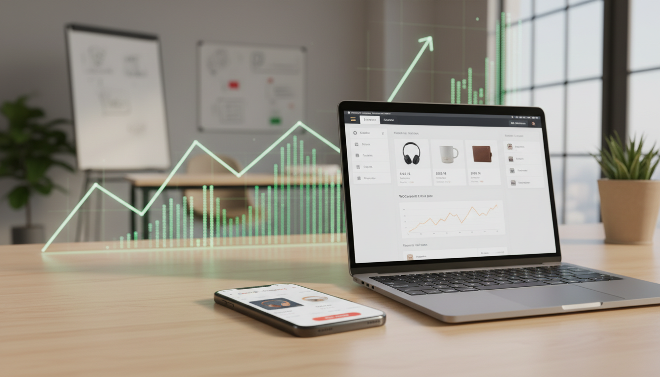 Smartphone com Google Shopping e laptop com WooCommerce, simbolizando a otimização do Google for WooCommerce 3.6.2 para vendas online.