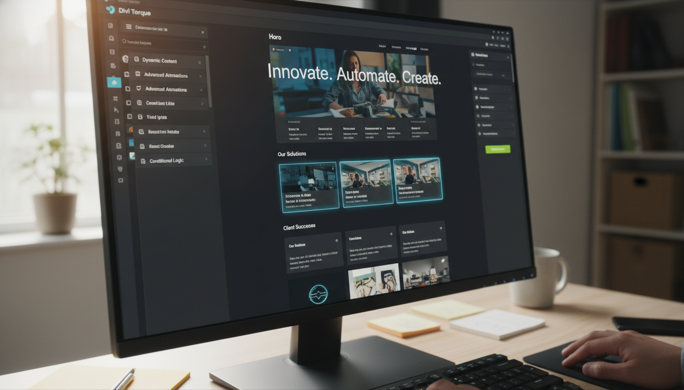 Tela do Divi Builder com plugin Divi Torque 4.2.3, design responsivo, módulos avançados