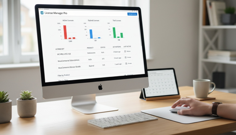 Interface intuitiva do License Manager para WooCommerce 3.0.16 com gráficos de licenças e opções de gerenciamento