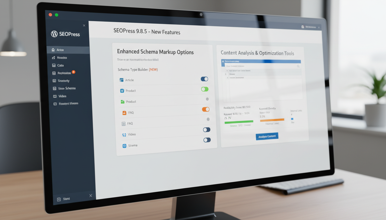 SEOPress 9.8.5, plugin SEO WordPress, otimização on-site, novas funcionalidades, Schema Markup avançado, análise de conteúdo
