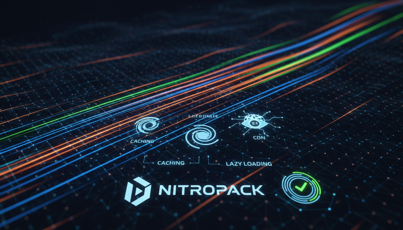 Gráfico de velocidade do site com logo NitroPack 1.19.5, setas de otimização e ícones de Core Web Vitals