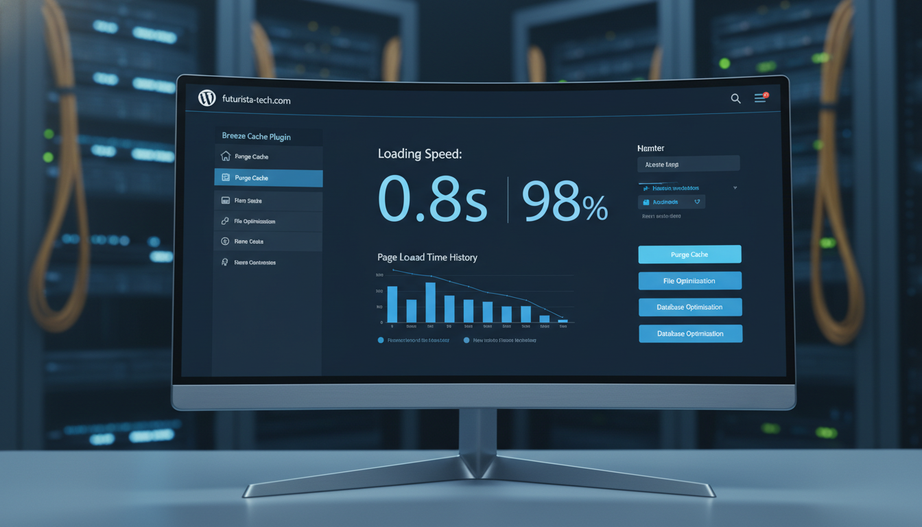 Dashboard do Breeze – WordPress Cache Plugin 2.5.2 com gráficos de performance e um velocímetro digital