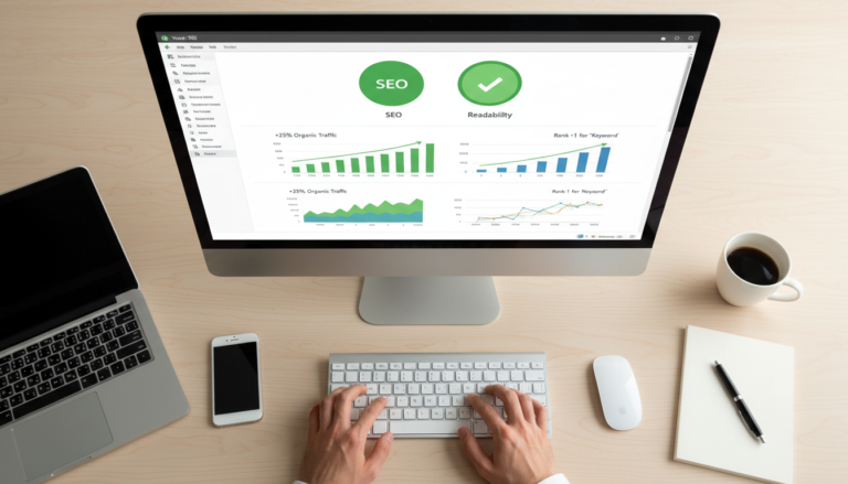 Captura de tela do painel do Yoast SEO 27.5 com indicadores verdes, mostrando otimização de conteúdo e melhorias de legibilidade