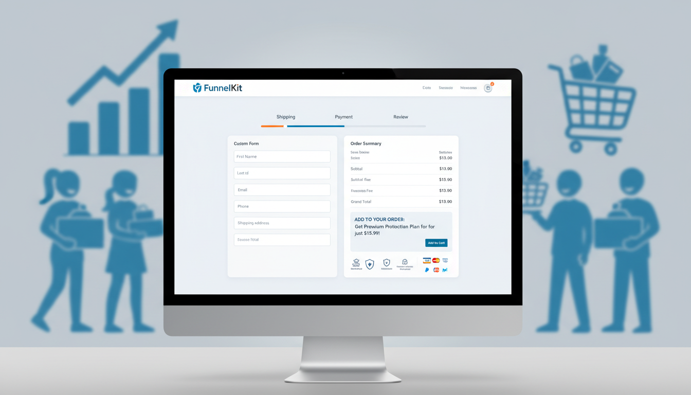 Interface do FunnelKit 3.15.0.3 mostrando um checkout WooCommerce altamente otimizado e personalizado para aumentar vendas.