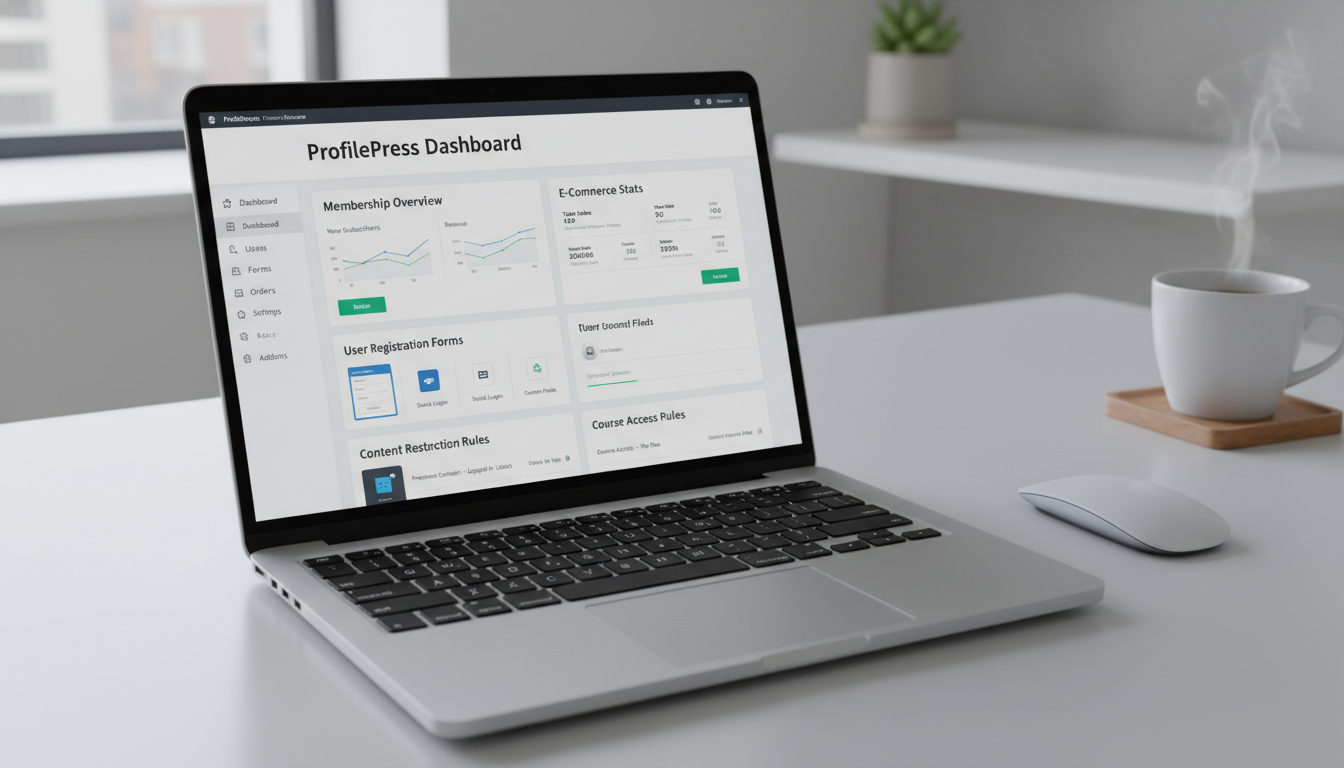Interface do ProfilePress 4.16.15 com opções de formulários, e-commerce e restrição de conteúdo.