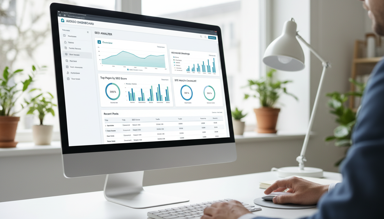 Interface do All in One SEO 4.9.7.2 com gráficos de SEO e opções de configuração