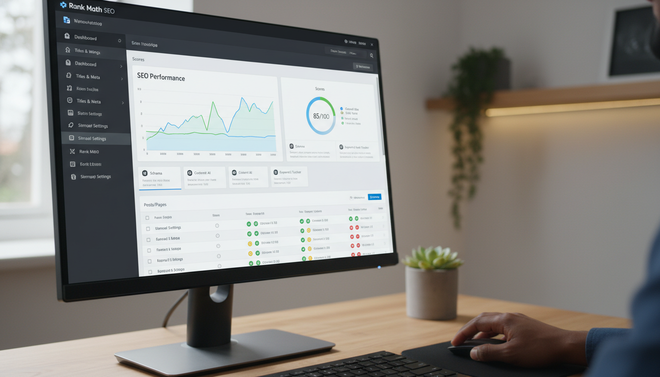 Interface do plugin Rank Math SEO 1.0.269 no WordPress, mostrando pontuação de SEO e opções de configuração