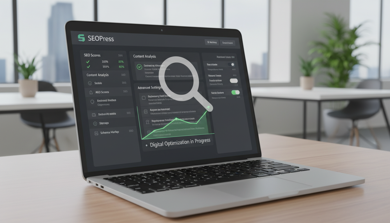 Interface do SEOPress 9.8 com gráficos de SEO e ferramentas de análise de ranqueamento.