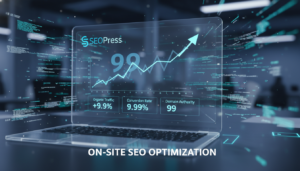 Interface do SEOPress 9.9 com gráficos de SEO em crescimento e elementos de otimização digital