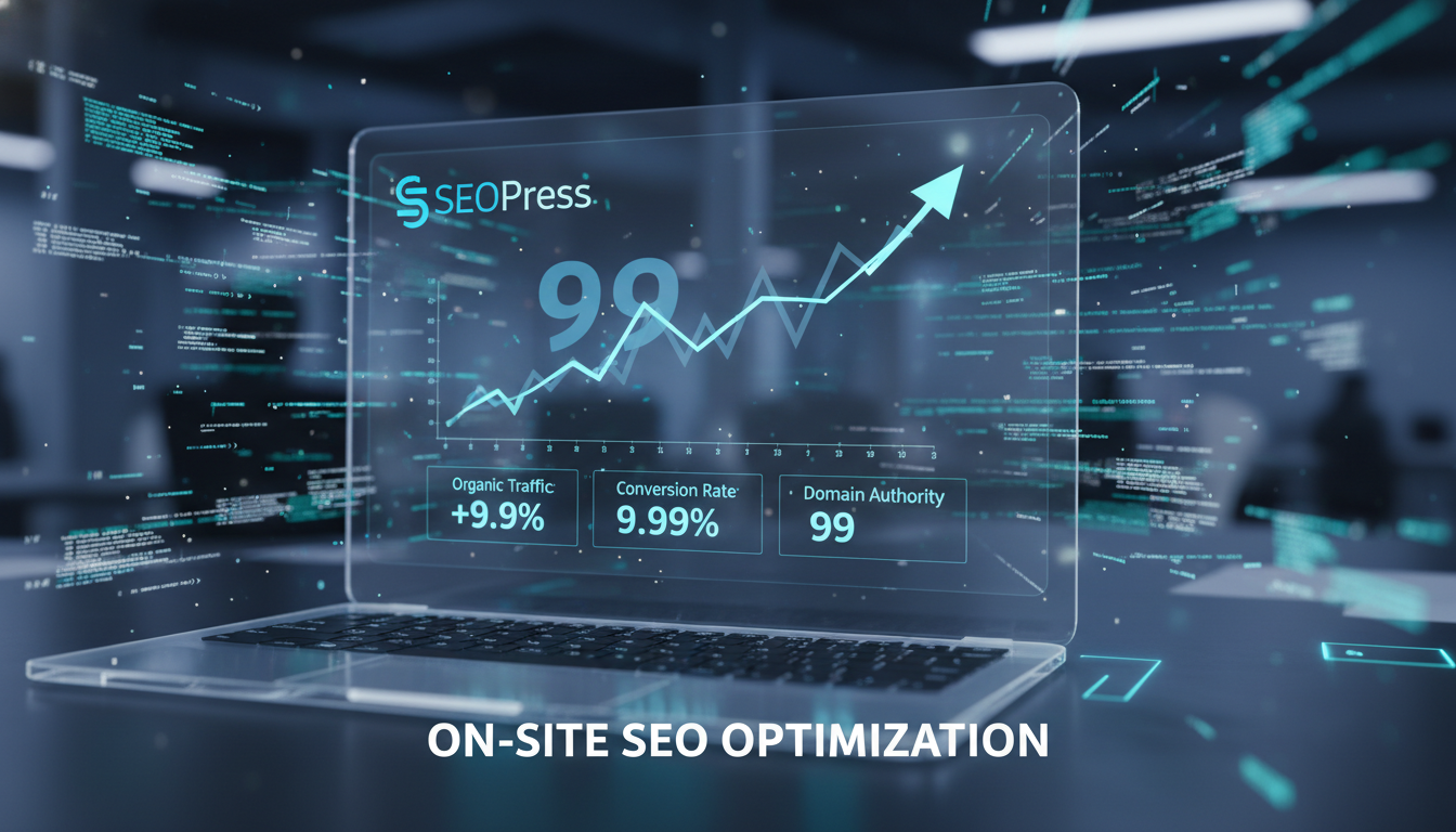 Interface do SEOPress 9.9 com gráficos de SEO em crescimento e elementos de otimização digital