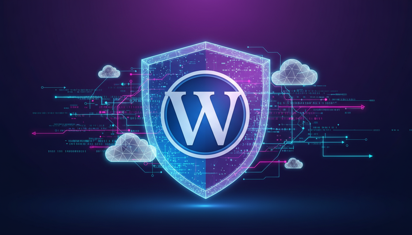 Escudo digital protegendo o logo do WordPress com o nome UpdraftPlus 1.26.4 ao lado, simbolizando segurança e backup.