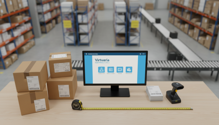 Interface do Virtuaria Correios 1.13.3 em um computador, com ícones de frete, etiqueta e rastreamento, simbolizando eficiência e melhorias na logística de e-commerce.
