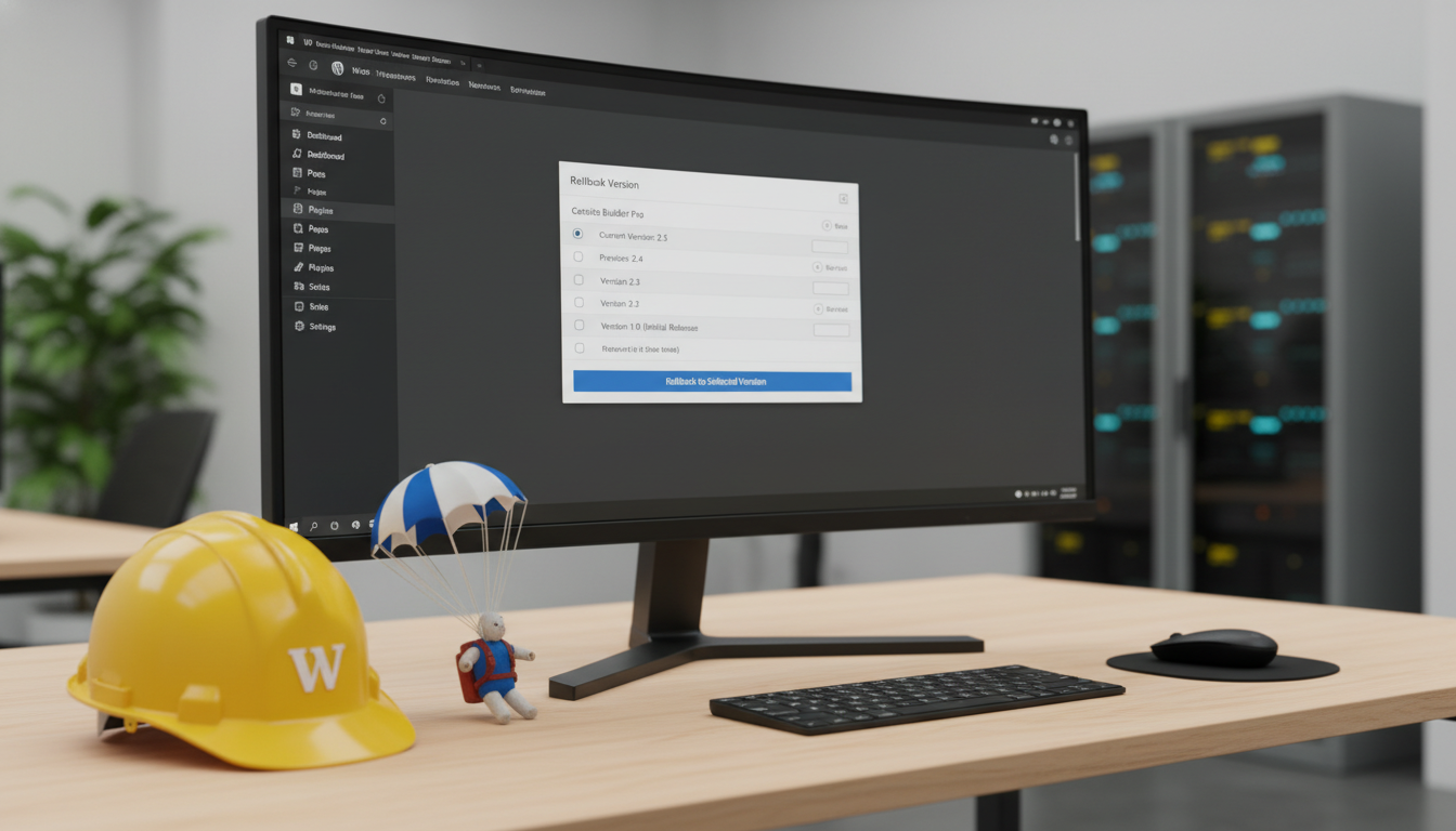 Dashboard WordPress com WP Rollback 3.1.2 ativo, reversão de plugin, segurança do site